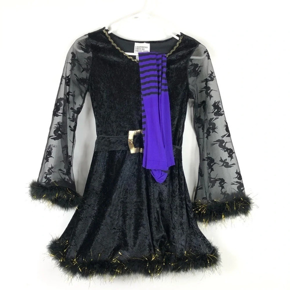 Childs Large Girls 2 Piece Black Adorable Witch Costume Dress Tights Halloween - Picture 1 of 7